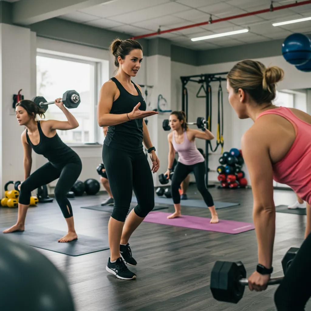 Personal trainer guiding a diverse fitness class, demonstrating motivation and community engagement in a gym setting.