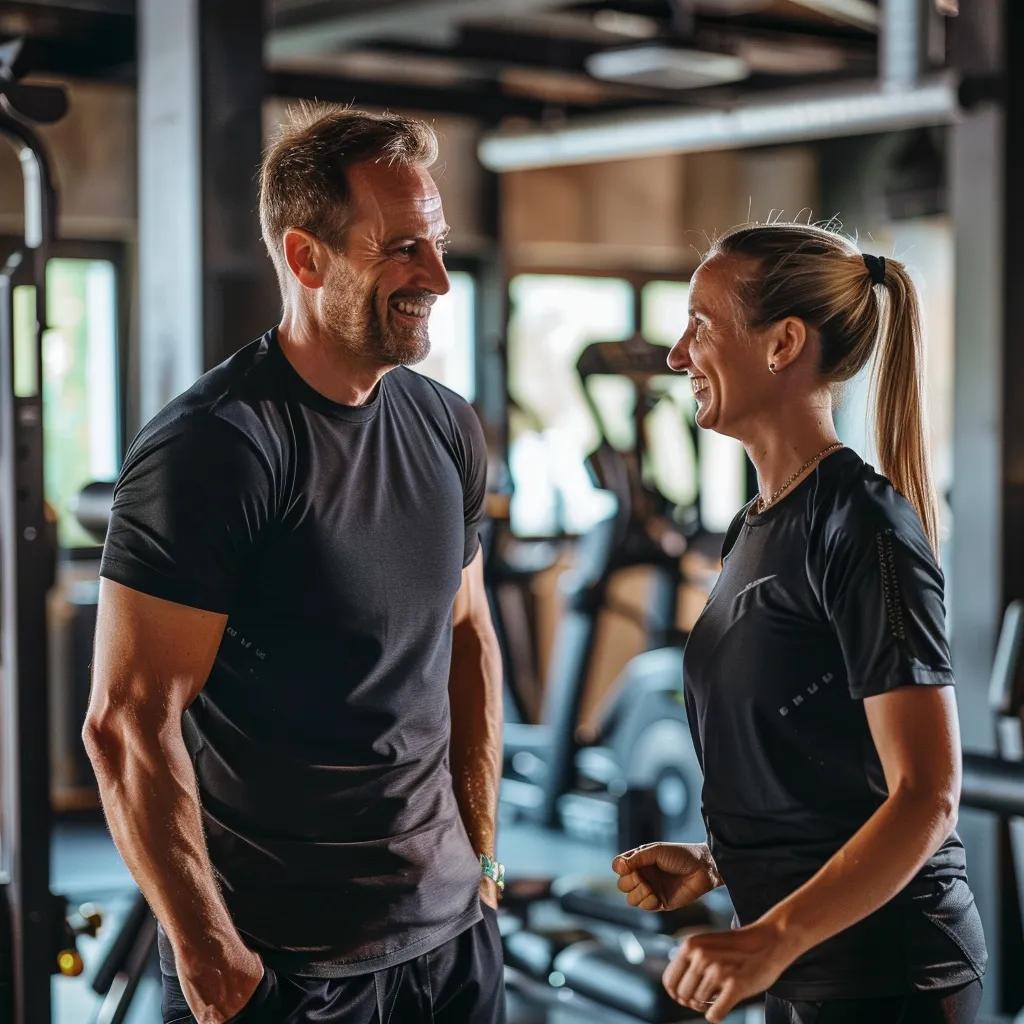 Smiling personal trainer and client engaging in conversation at a fitness studio, promoting strength training for healthy aging and longevity.