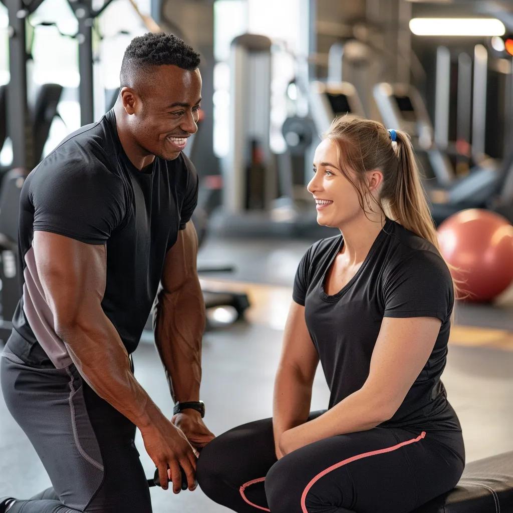 Fitness trainer demonstrating strength training techniques with a client in a gym setting, emphasizing engagement and personalized coaching for professionals aged 40-60+.