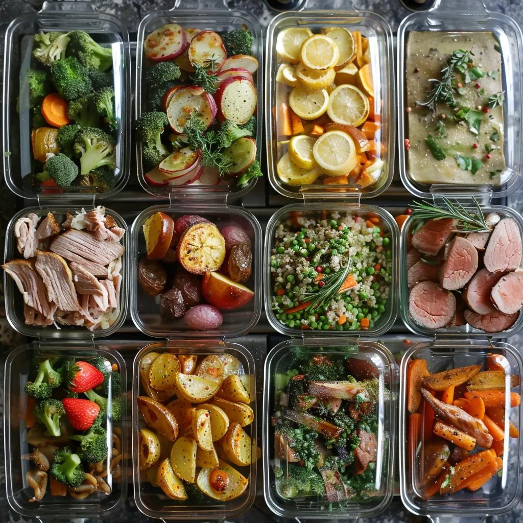 Healthy meal prep containers filled with colorful vegetables, lean proteins, and grains, showcasing balanced nutrition for active lifestyles.
