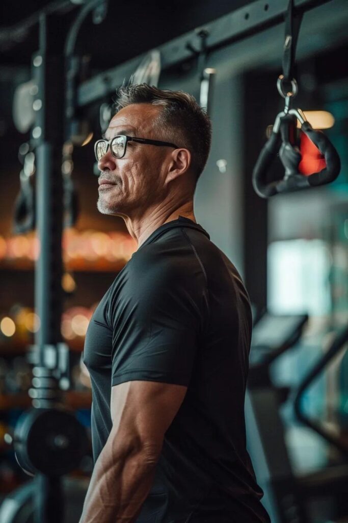 Man with glasses in a gym setting, focusing on strength training, representing fitness for busy professionals aged 40-60+.