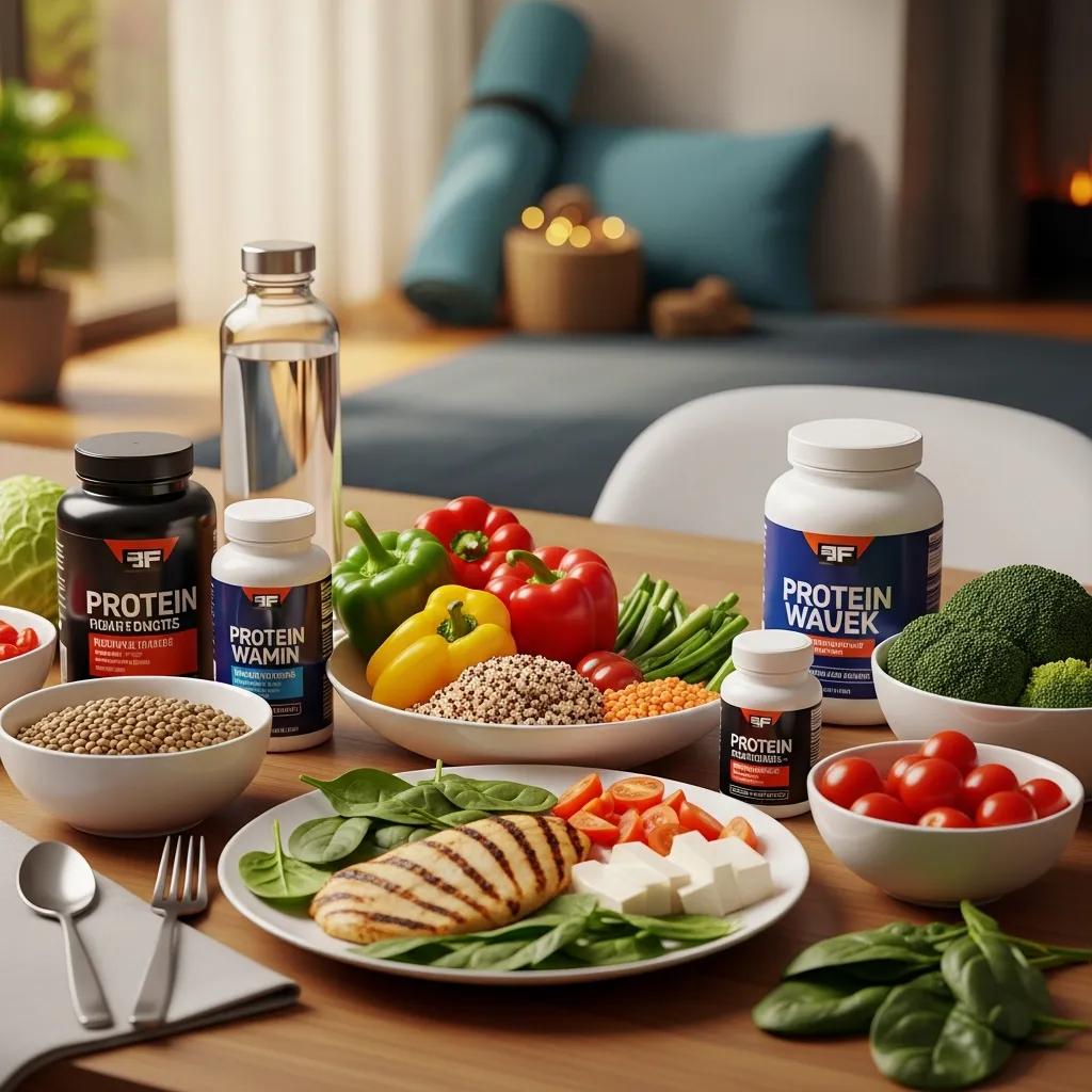 Balanced meal featuring protein-rich foods, vegetables, and supplements, symbolizing holistic wellness and nutrition for longevity and strength training.