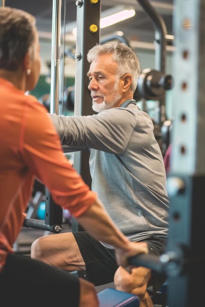 Older adults doing strength training together in a supportive gym setting