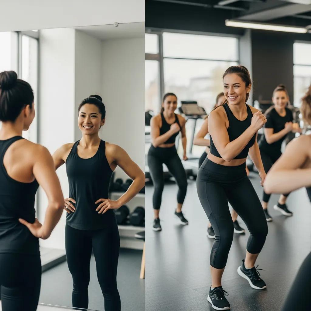 Client enjoying a group fitness class, smiling while looking in the mirror, demonstrating confidence and progress in body composition improvements.