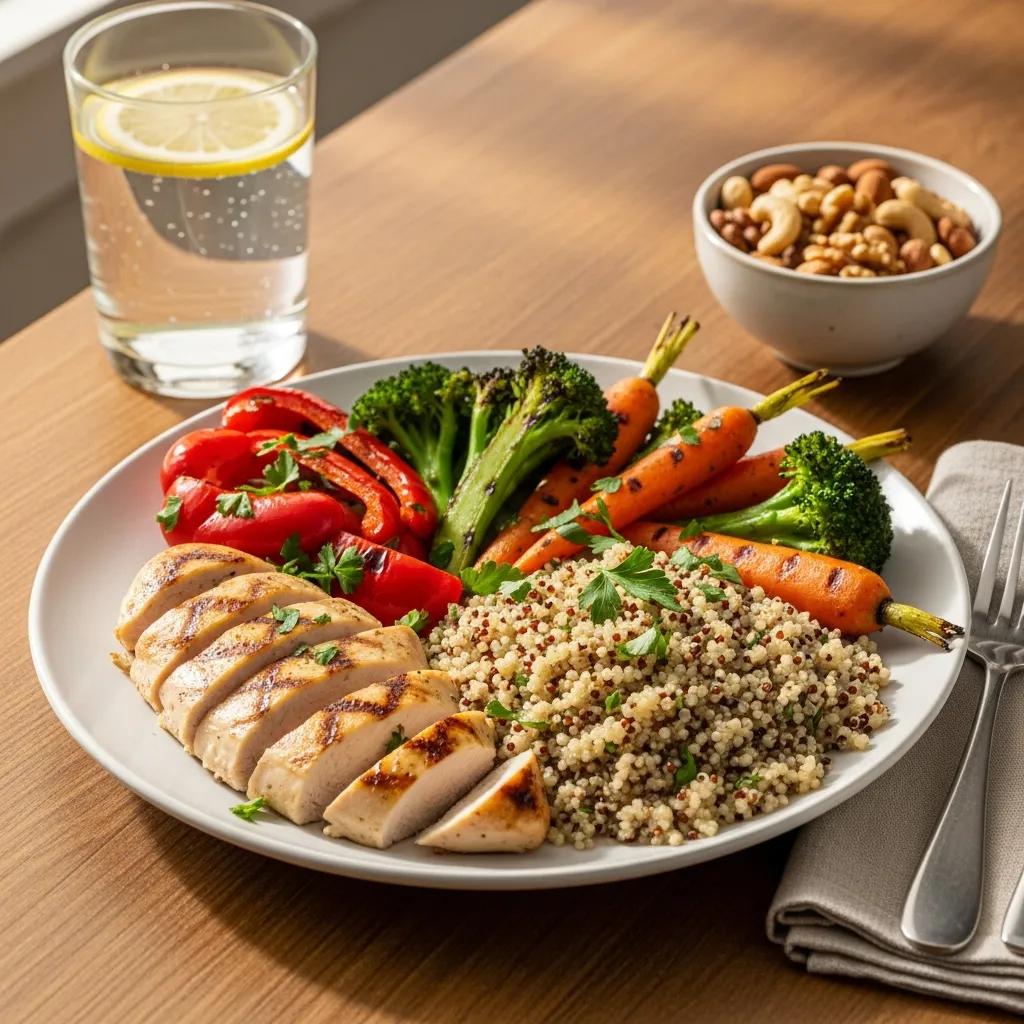 Plate with protein-rich, nutrient-dense foods to support muscle recovery