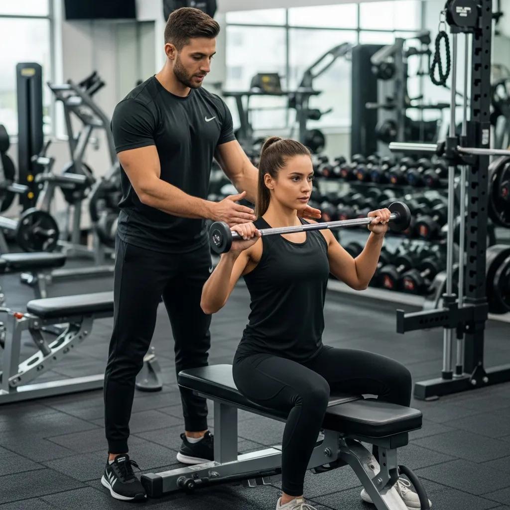 Personal trainer assisting a client with a barbell exercise in a modern gym, showcasing personalized fitness guidance and support during a workout session.