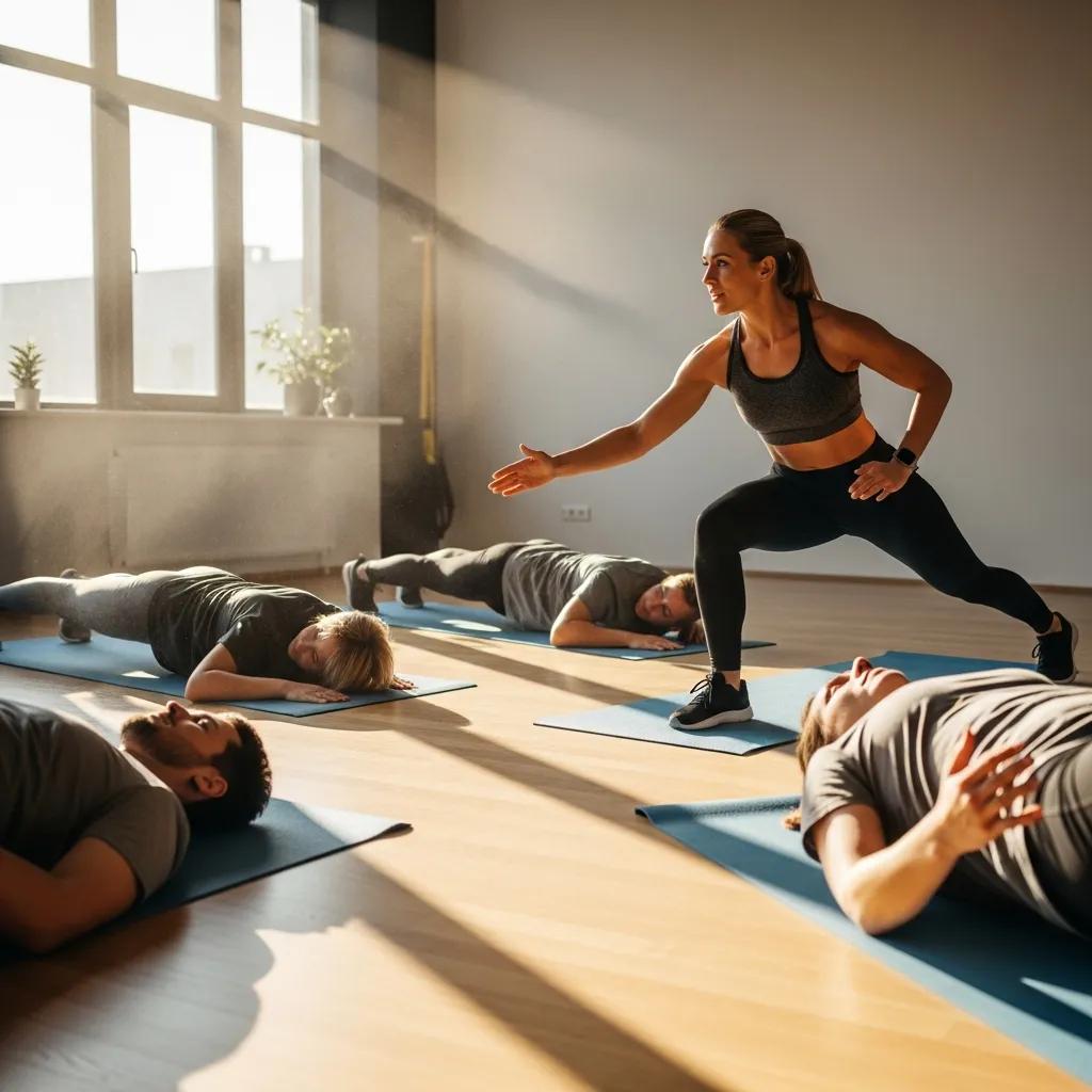 Group performing core strengthening exercises in a fitness studio, led by an instructor, focusing on back health and posture correction.
