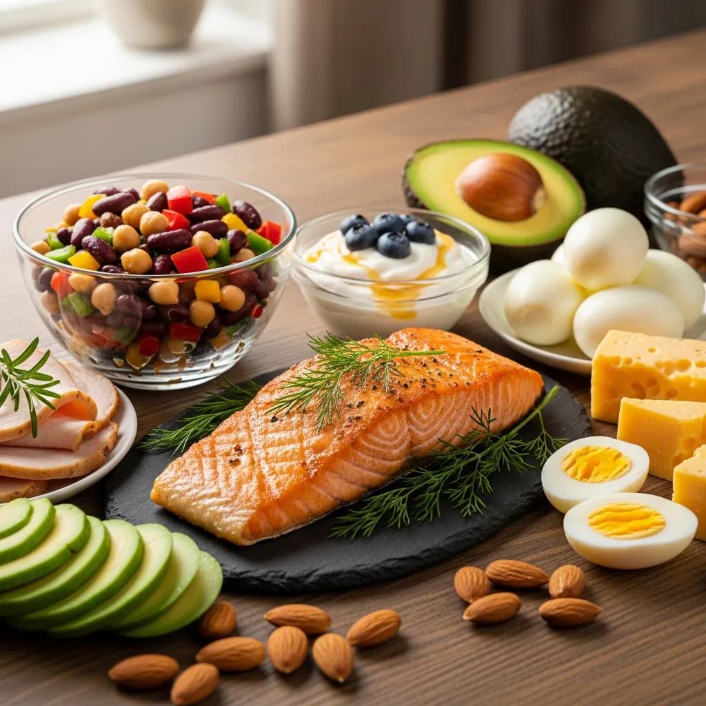 Healthy protein-rich foods for muscle maintenance in older adults, including salmon, eggs, yogurt with blueberries, mixed beans salad, sliced turkey, cheese, almonds, and avocado, arranged on a wooden table.