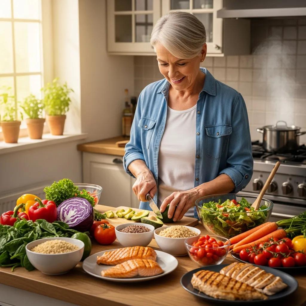 Older adult woman preparing a nutritious meal with fresh vegetables, lean proteins, and grains to support muscle growth and recovery in a well-lit kitchen.