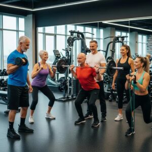 Older adults engaged in strength training exercises in a modern gym, showcasing fitness and vitality, with a focus on building muscle after 50.