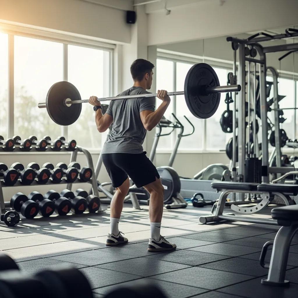 Person demonstrating safe lifting technique in a gym, focusing on back protection during weight training, with dumbbells and equipment in the background.
