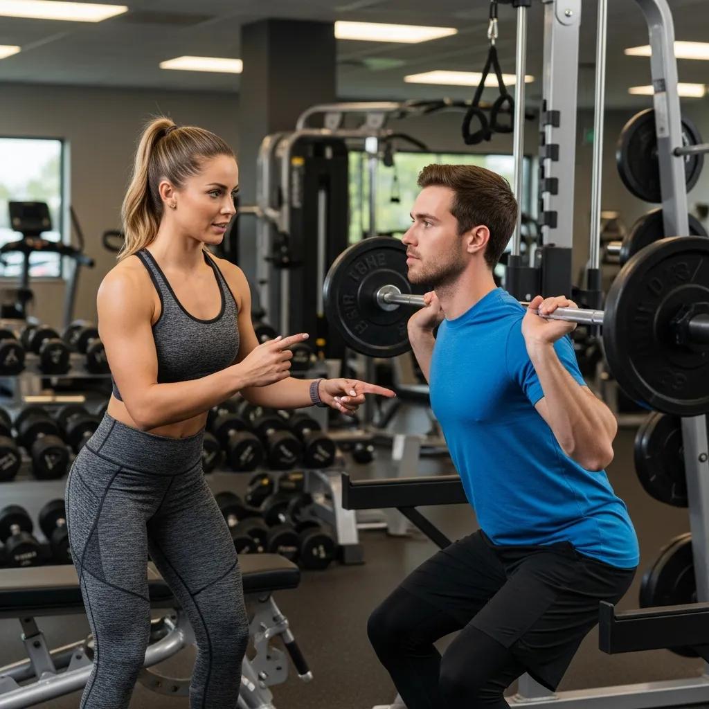 Personal trainer assisting client with safe lifting techniques during squat exercise in gym setting, emphasizing posture correction and injury prevention.