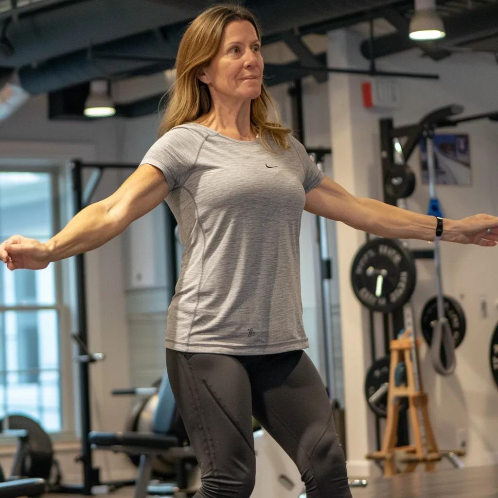 Woman performing strength training exercise in a fitness studio, emphasizing muscle engagement and resistance to combat muscle atrophy, relevant for adults over 40.