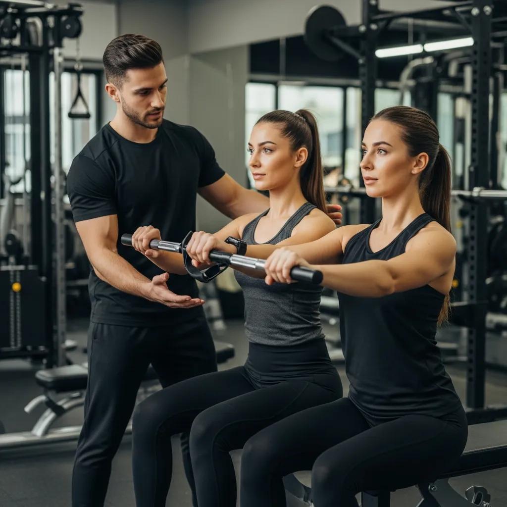 Personal trainer assisting a client in a gym, highlighting the benefits of personal training